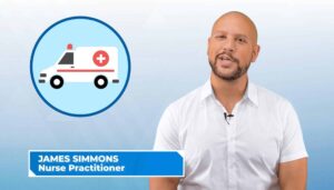 Dr. James Q. Simmons, Nurse Practitioner, explains when to go to the ER for back pain with emergency symbol illustration