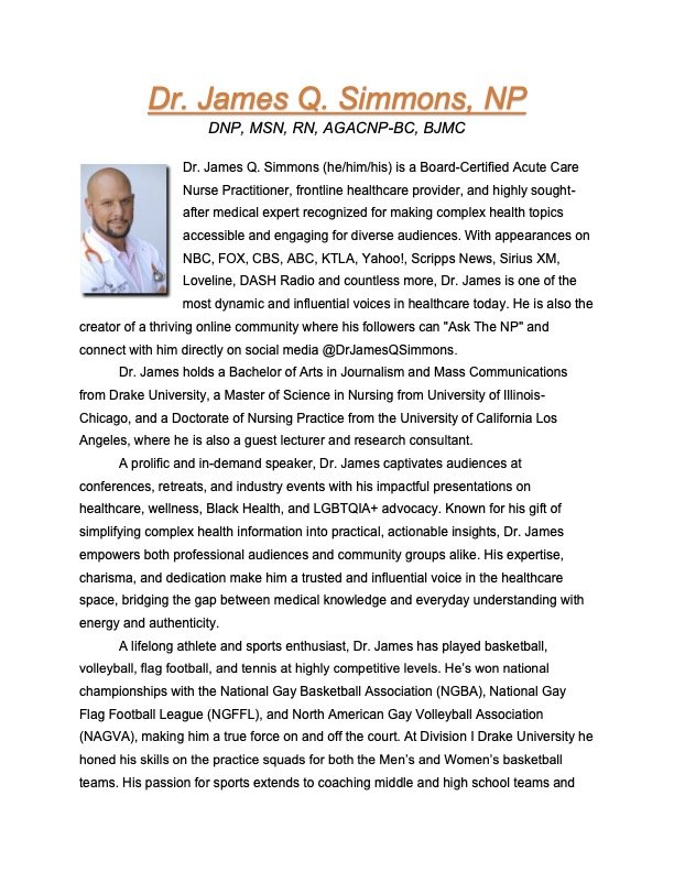 Biography of Dr. James Q. Simmons highlighting his medical expertise, media presence, and community advocacy