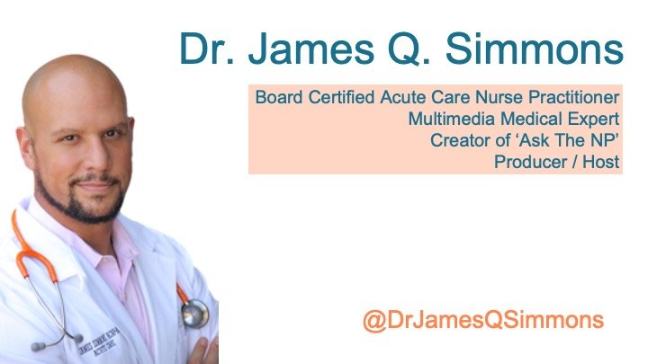 Dr. James Q. Simmons smiling in a white lab coat with a stethoscope around his neck, introducing his professional title