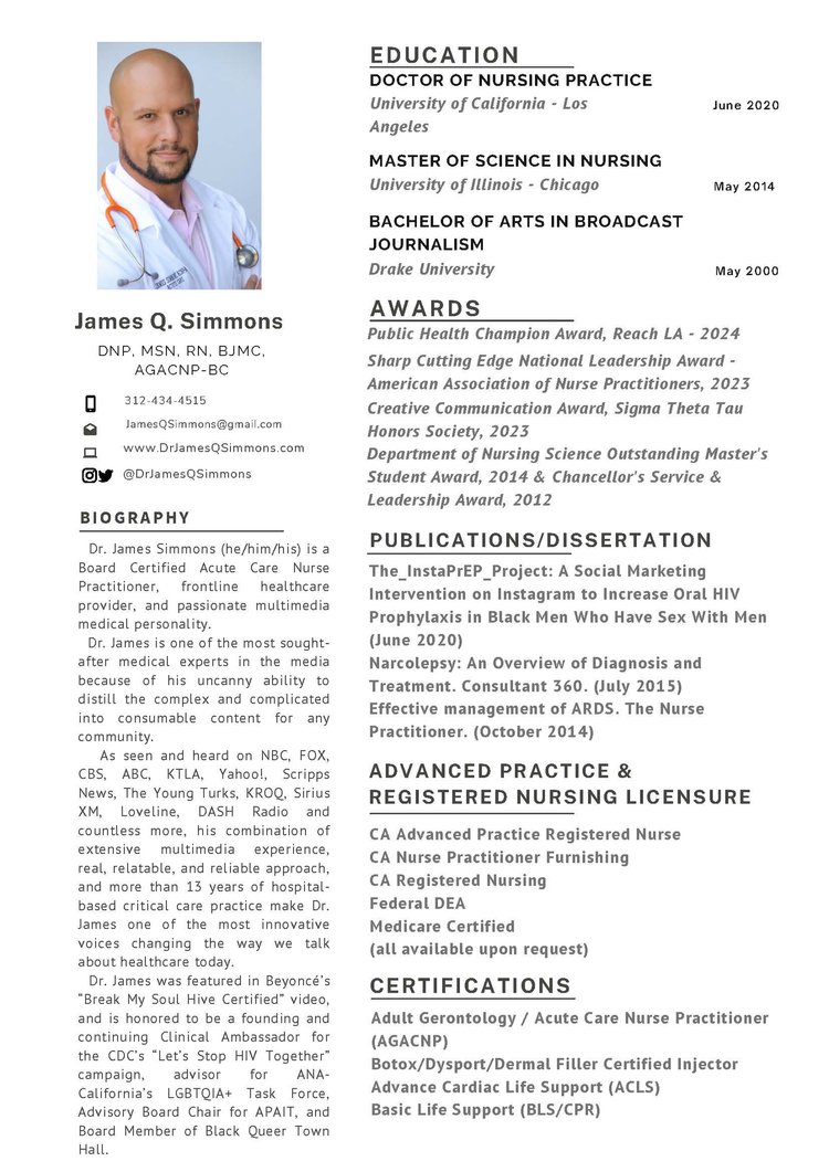 First page preview of Dr. James Q. Simmons’ resume with credentials and work history