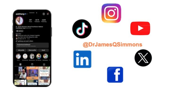 Dr. James Q. Simmons’ social media icons including Instagram, TikTok, YouTube, LinkedIn, X (Twitter), and Facebook