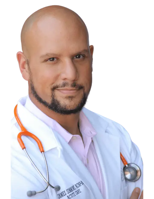Dr. James Q. Simmons, board-certified nurse practitioner, in a white coat with stethoscope