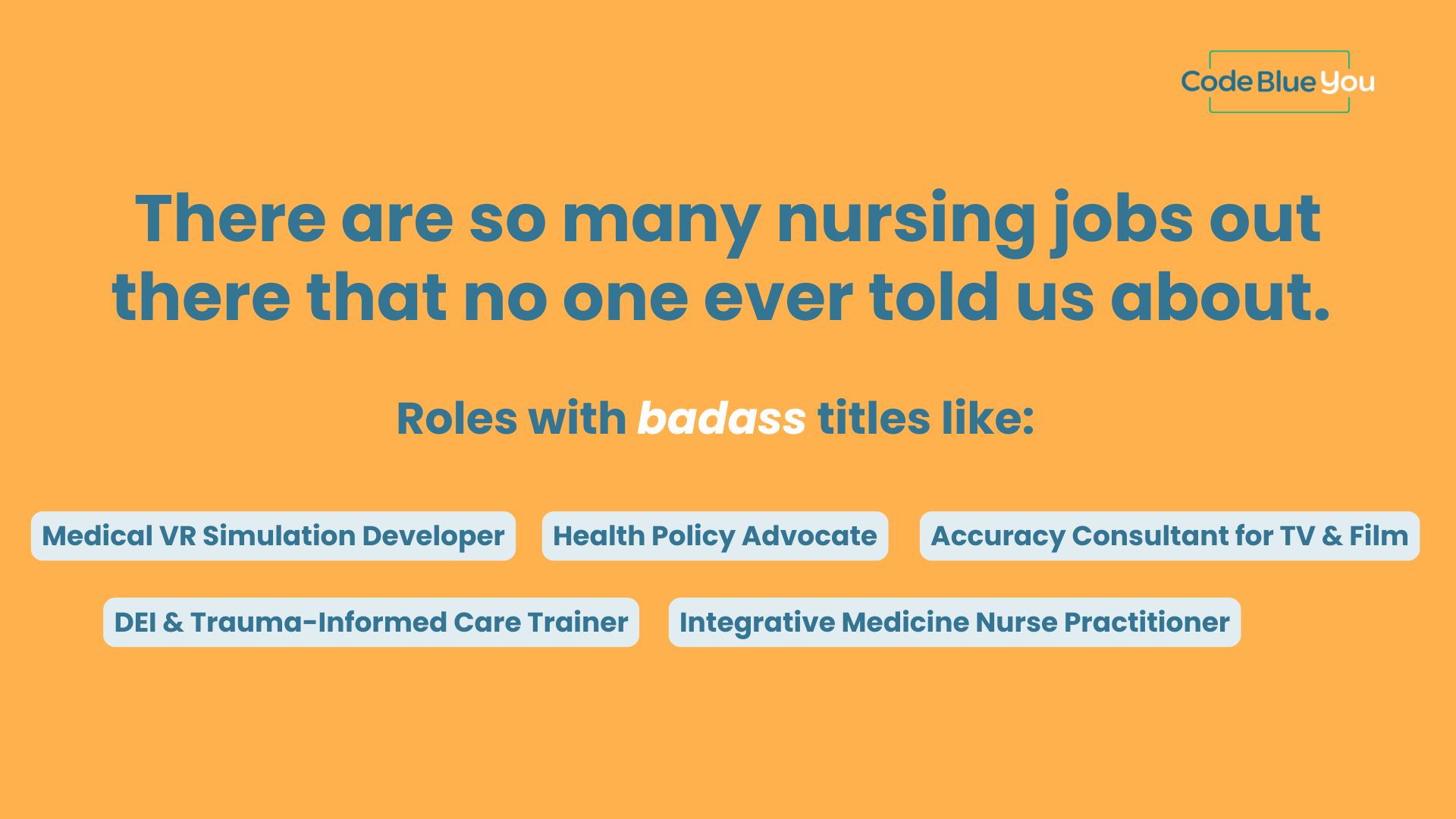 Bold text highlighting unique non-bedside nursing roles like Medical VR Developer and Health Policy Advocate with Code Blue You branding.