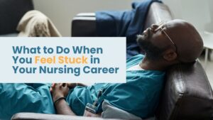 Burned-out Black male nurse in scrubs resting with eyes closed on couch, feeling emotionally drained and stuck in his nursing career.