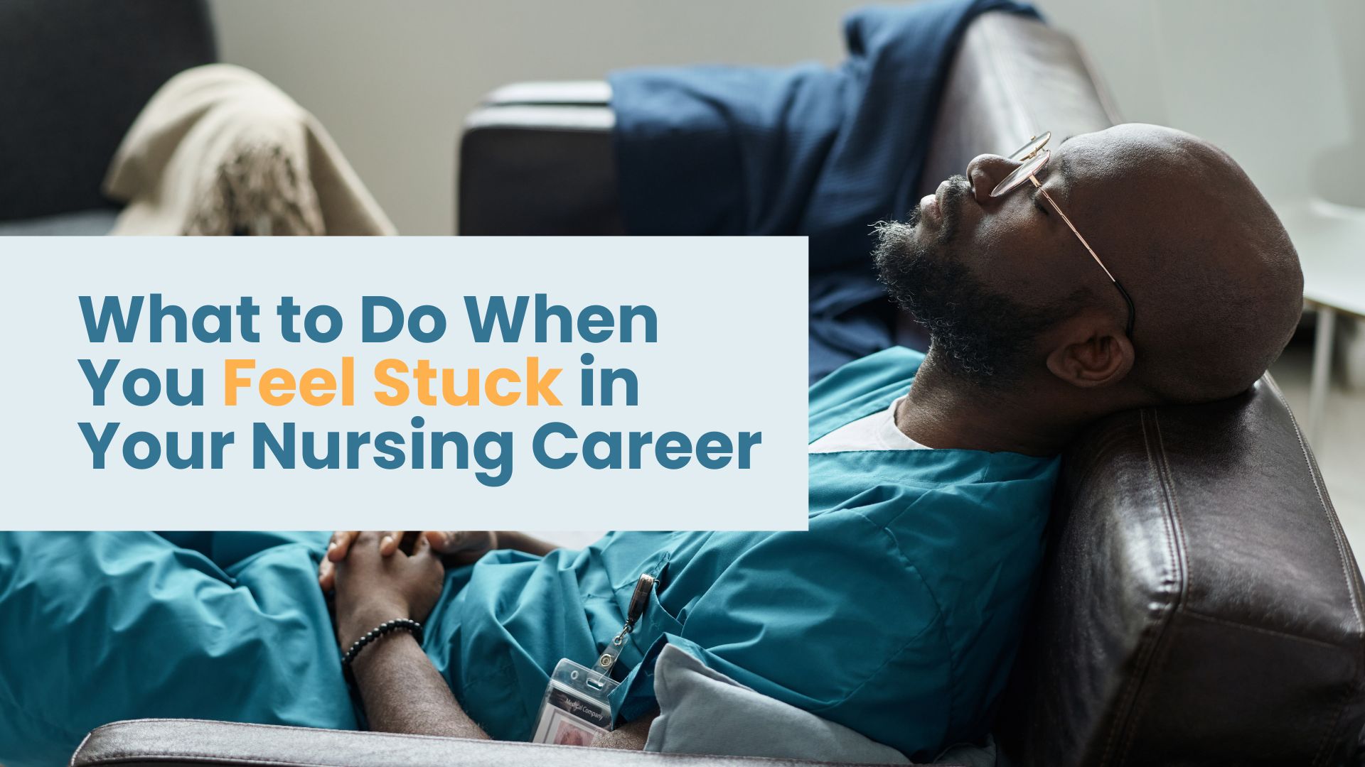Burned-out Black male nurse in scrubs resting with eyes closed on couch, feeling emotionally drained and stuck in his nursing career.