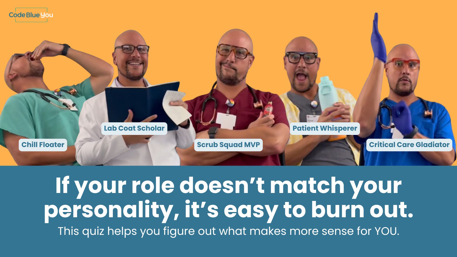 Dr. James dressed as five different nursing personality types with text encouraging nurses to take a quiz to find roles aligned with who they are.